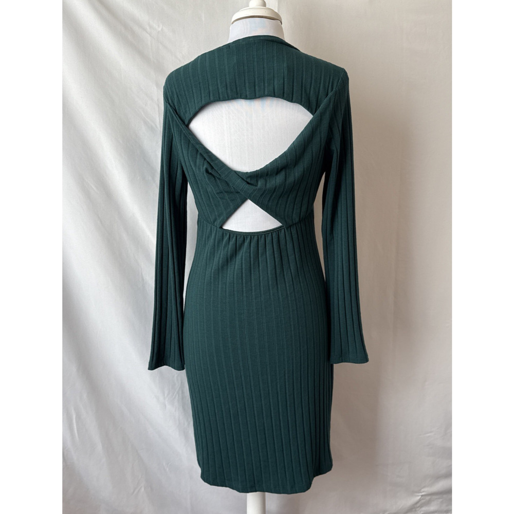 Heatherly Women’s L Adika Knit Cut Out Back Midi Bodycon Dress Dark Green Sexy